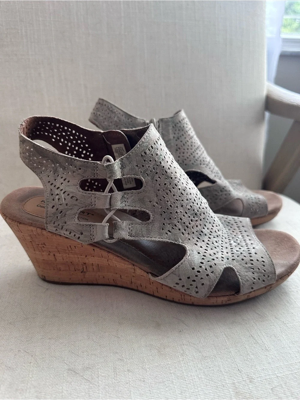 Rockport Light Gray Perforated Leather Wedge Sandals